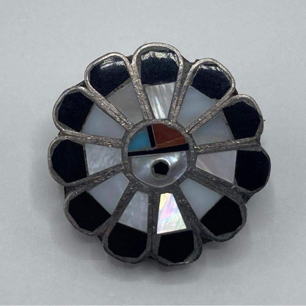 Zuni Southwestern Sterling Silver Mother Of Pearl Onyx Gemstone Pendant/Brooch